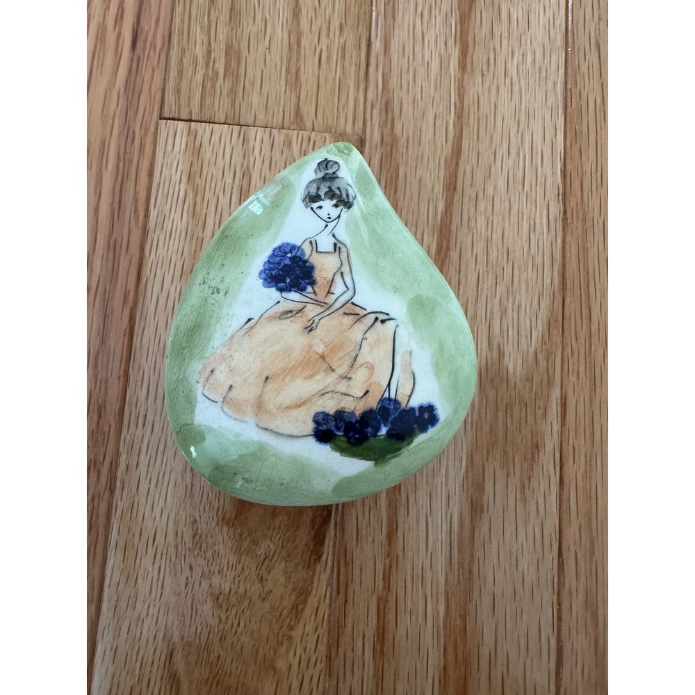 Vintage E. Vagnozzi Roma Italian Ceramic Trinket Box Hand Painted Lady Flowers